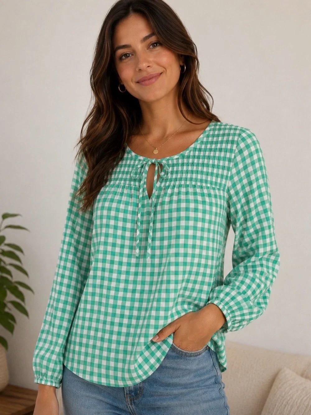 J Crew Kelly Green Plaid Smocked Top Tie Front Long Sleeve Cotton Blouse Top SML